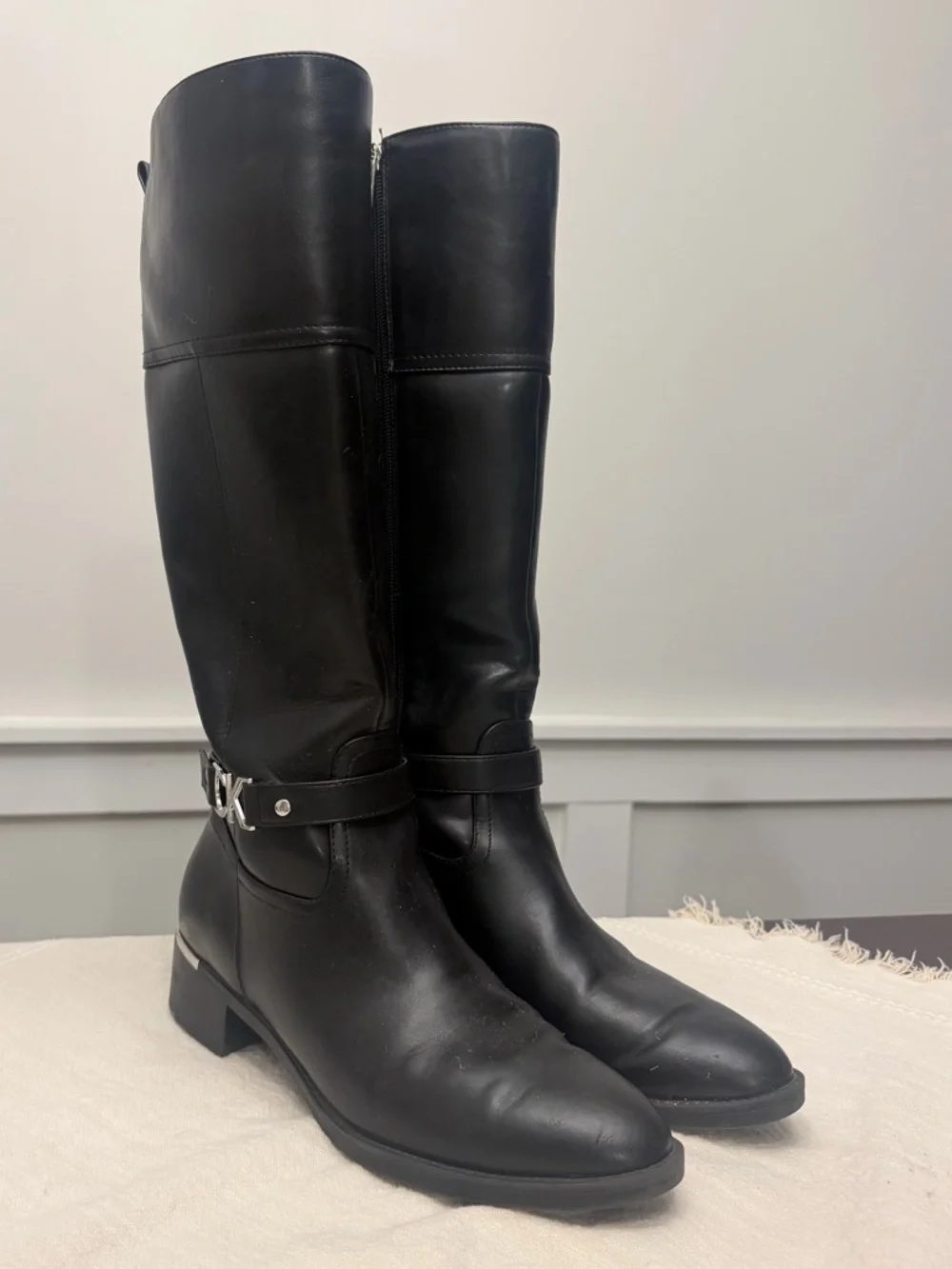 Calvin Klein Knee High Boots • Black Leather • CK Logo Strap • Size 9